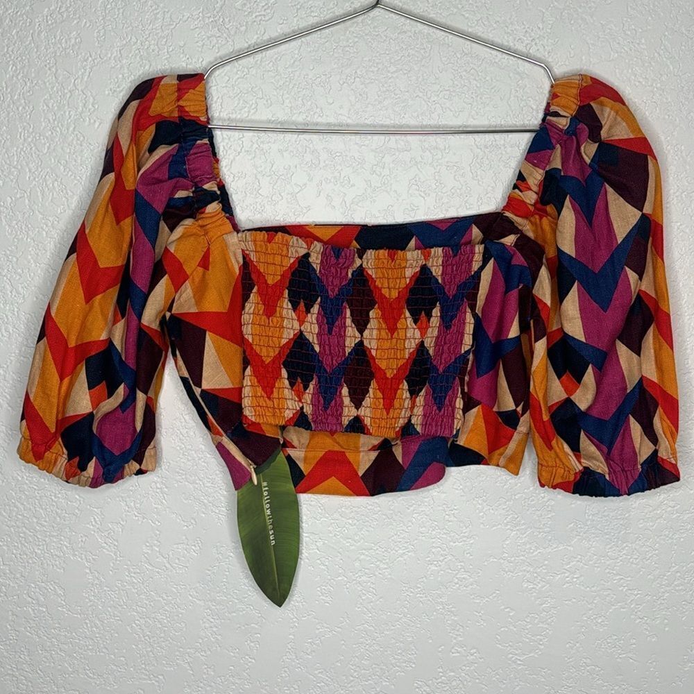 NWT Farm Rio Lindeza Grafica Linen Crop Top In Multi Small - Picture 6 of 13